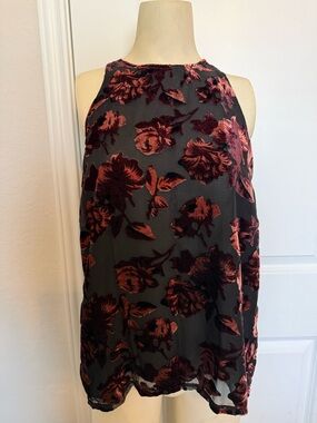Adiva Sheer Black with Velvet Burgundy Floral Print Sleeveless Top